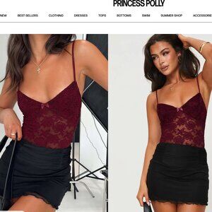 PRINCESS POLLY WINE COLORED -PENNARD LACE BODYSUIT; SZ 10, NWT
